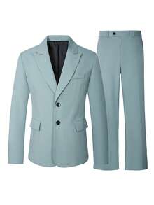 Manfinity Mode Men's Old Money A Teal-Green, Loose-Fitting Casual Suit Set; The Wide-Leg Trousers Feature A Pressed-Pleat Design That Enhances The Relaxed Silhouette - Mint Green - View 5