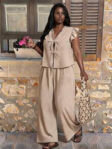 Elaquor Plus Size Women's Ruffle Trim Front Tie Small Flutter Sleeve Blouse And Wide Leg Pants Casual Formal Boho 2 Pieces Set Summer Vacation Carribean Beige - Apricot - View 1