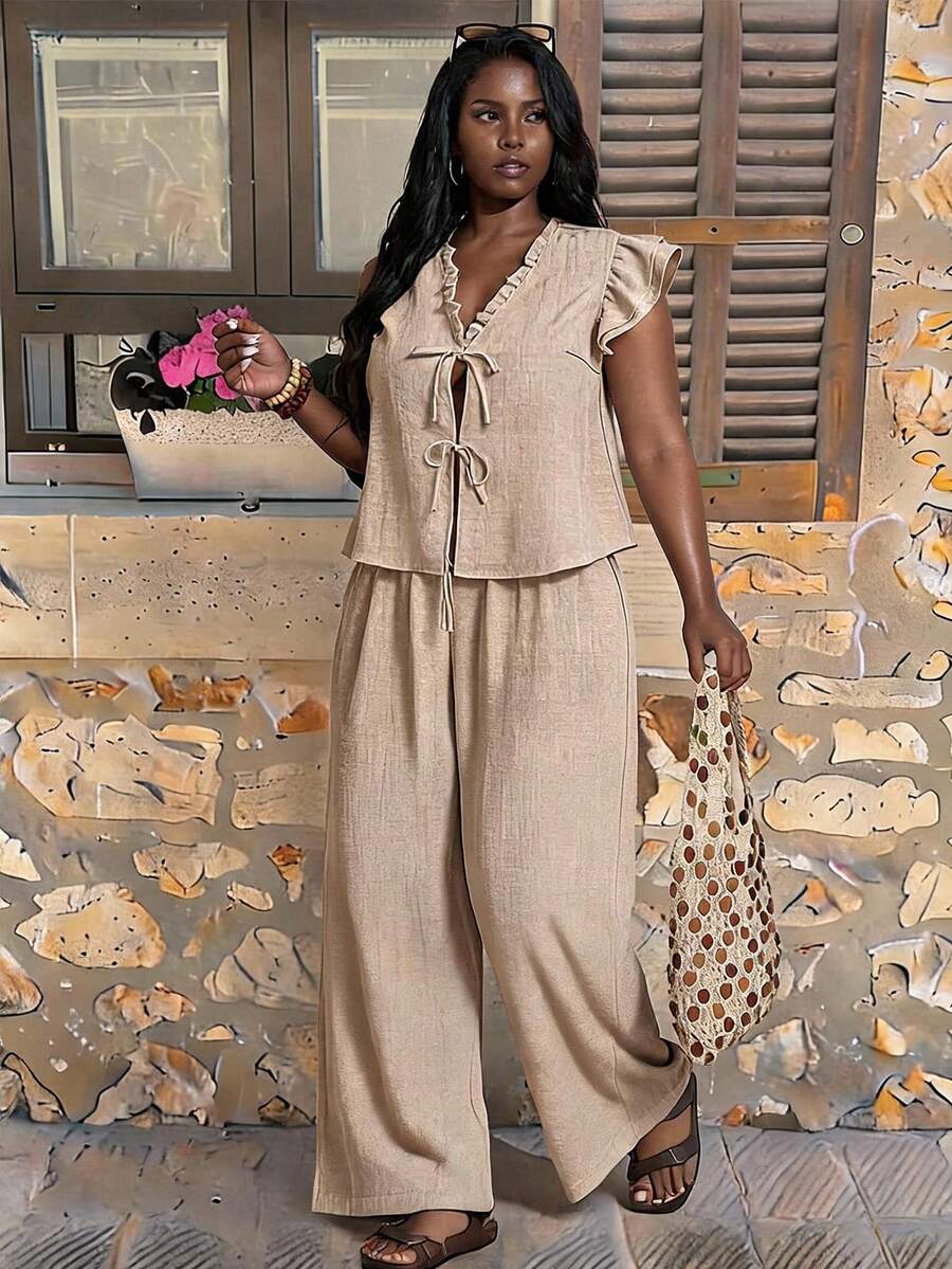 Elaquor Plus Size Women's Ruffle Trim Front Tie Small Flutter Sleeve Blouse And Wide Leg Pants Casual Formal Boho 2 Pieces Set Summer Vacation Carribean Beige - Apricot - View 1