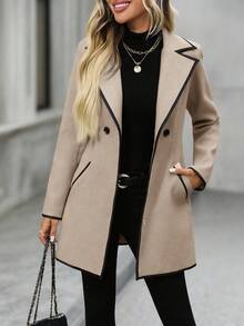 EMERY ROSE Women's Autumn/Winter Fashion Contrast Trim Overcoat - Khaki - View 5