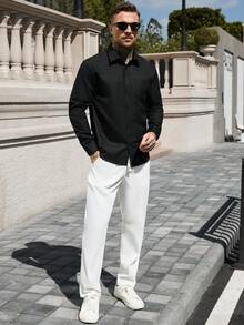 Manfinity CasualCool 男士純色壓紋條紋鈕扣設計正式長袖襯衫 - 黑色 - View 4
