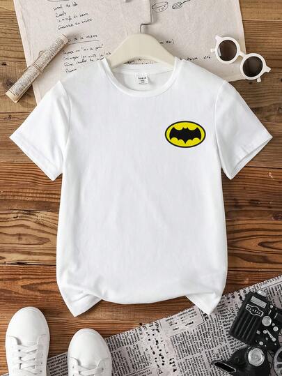 BATMAN X SHEIN Tween Boy Round Neck Bat Print Casual Daily Short Sleeve T-Shirt