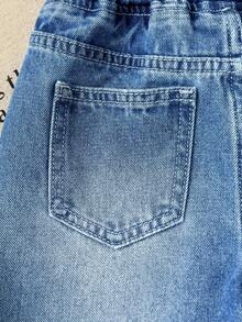 Girls' Versatile Casual Cute Sweet Cool Bow Embroidery Patchwork Loose Straight Leg Washed Denim Jeans, Suitable For Daily Wear, School, Campus, Outings, Dates And More - Medium Wash - View 6