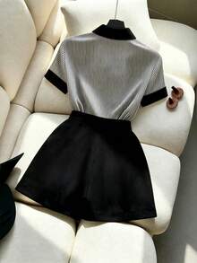 Franclia 女款夏季黑白條紋拼接撞色領短袖襯衫與短褲兩件套，休閒優雅通勤套裝 - 黑色 - 查看 2