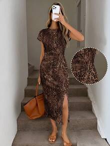 SHEIN LUNE Knitted Leopard Print Elegant Sexy Daily Wear Waist Twist High Slit Sleeveless Midi Dress For Women Going Out Brown Summer - Multicolor - View 1