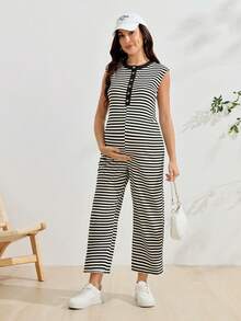SHEIN Mono casual de maternidad con media tapeta de botones y rayas - Blanco y Negro - Ver 4