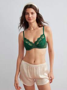 SHEIN Sujetador con aros y encaje de contraste lencería - Verde Oscuro - Ver 4