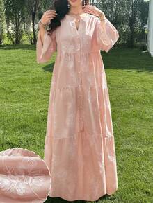 Yasmyna Spring/Summer Gentle Style Yellow V-Neck Embroidered Long Sleeve Loose Slimming Flared Elegant Casual Vacation Dress For Women - Dusty Pink - View 7