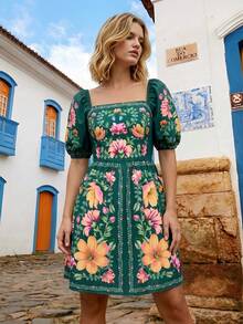 CAJUNI Women's Vacation Floral Print Square Neck Short Puff Sleeve Elegant Dress - Dark Green - View 5