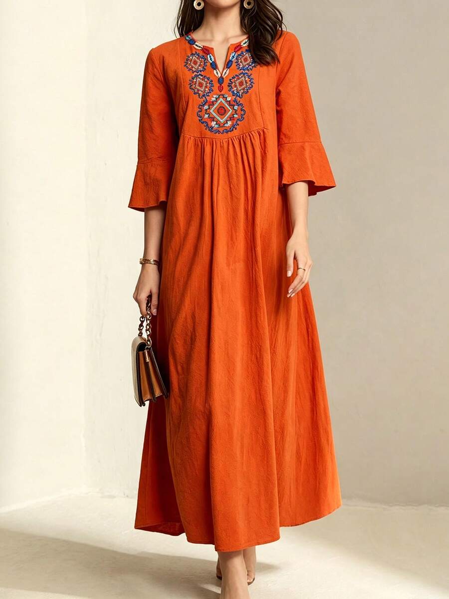 Al Najma Geo Embroidery Notched Neck Flounce Sleeve Smock Dress - Orange - View 1