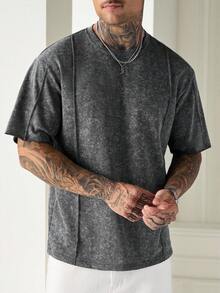 Manfinity Homme 男士休閒風水洗復古布料拼接設計寬鬆棉質T恤，夏季 - 深灰色 - 查看 3