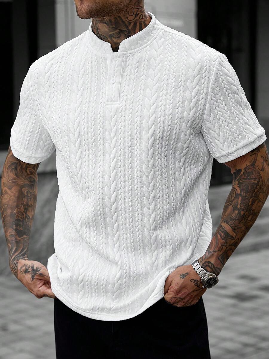 Manfinity CasualCool 男士立領 Polo 衫,針織提花布料,休閒日常穿搭約會情侶款,時尚百搭白色夏季款 - 白色 - 查看 1