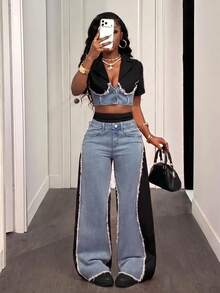 Slaydiva Women'S Colorblock Lapel Neckfrayed Hem Short Sleeve Cropped Denim Jacket Vacation Outfits - Black - View 5