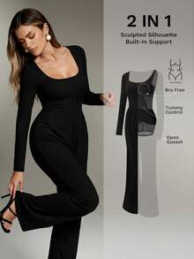 Nuvra Women's Elegant Solid Color Flared Jumpsuit For Commuting - Black - View 1