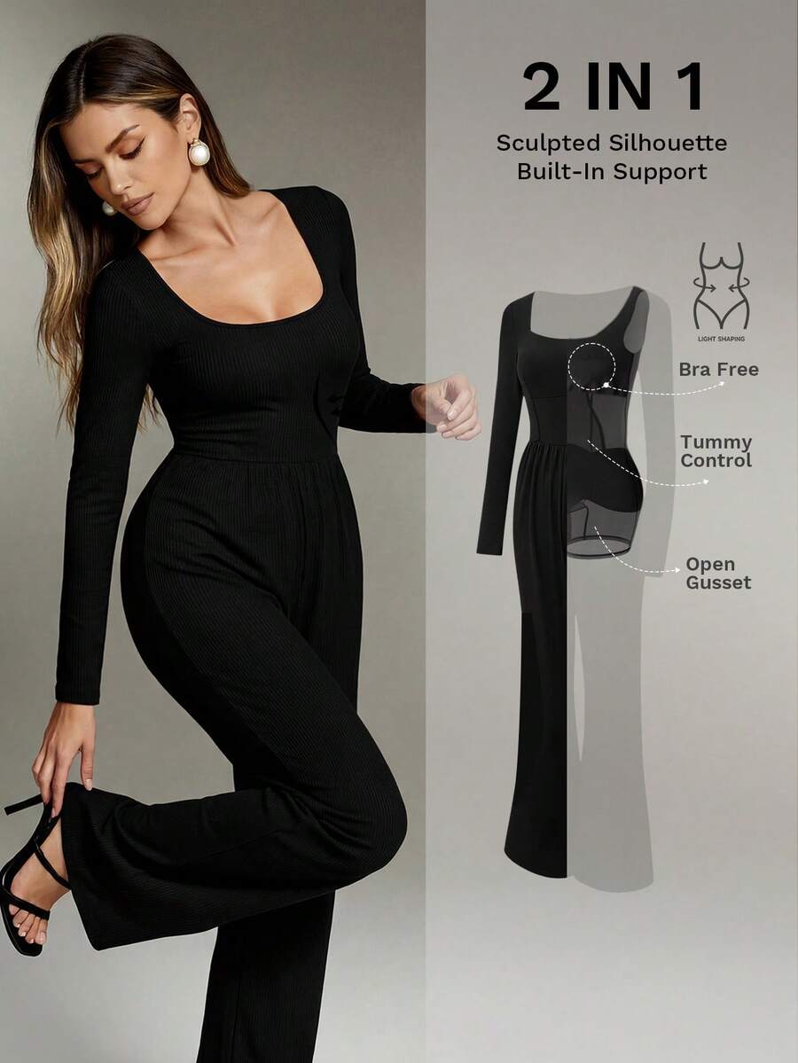 Nuvra Women's Elegant Solid Color Flared Jumpsuit For Commuting - Black - View 1