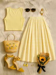 Rometta Plus Size Women's Casual Commute Solid Color Round Neck Tank Top And Plaid A-Line Pleated Skirt 2-Piece Set, Suitable For Summer, Back To School, Vacation, Graduation, Holiday, Valentine's Day, Christmas, Music Festival, Mother's Day, Halloween, Thanksgiving, Easter, National Day, Prom, Birthday, Date Party, Wedding Season, Outing And More - Yellow - View 3