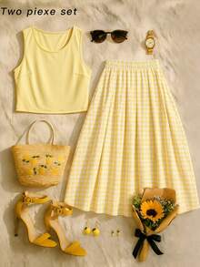 Rometta Plus Size Women's Casual Commute Solid Color Round Neck Tank Top And Plaid A-Line Pleated Skirt 2-Piece Set, Suitable For Summer, Back To School, Vacation, Graduation, Holiday, Valentine's Day, Christmas, Music Festival, Mother's Day, Halloween, Thanksgiving, Easter, National Day, Prom, Birthday, Date Party, Wedding Season, Outing And More - Yellow - View 6