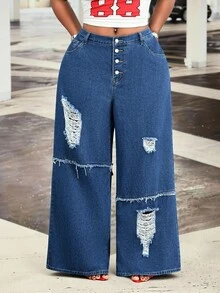 Slaydiva Damen-Jeans in Große Größen, mittelblau, mit distressed-Effekt und ausgefranstem Saum, vielseitig für Outdoor, Pendeln und Streetfashion - Mittele Waschung - Übersicht 4