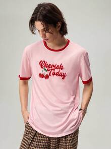 Men's Summer Cherry Letter Print Crew Neck Short Sleeve Casual T-Shirt - Pink - View 6