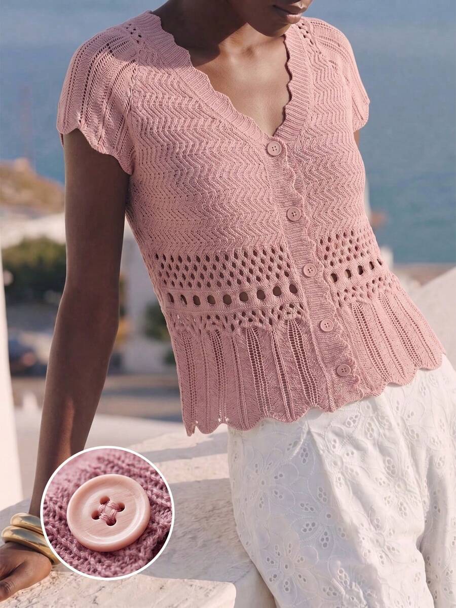 Gaivellea Women's Minimalist French Romantic Paris Solid Color Knit Top Vacation Dusty Pink Summer Brunch Tea Party - Pink - View 1