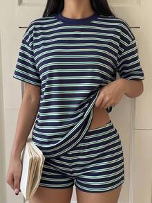 CovetEZ 休閒極簡風皇家藍與綠色條紋印花女款兩件套，秋季穿搭，適合日常通勤、派對、秋冬/夏季、聖誕節、新年、感恩節、婚禮、海灘、畢業典禮、優雅、外出、約會、通勤、情人節、度假、Y2K、畢業典禮等場合 - 彩色 - 查看 5