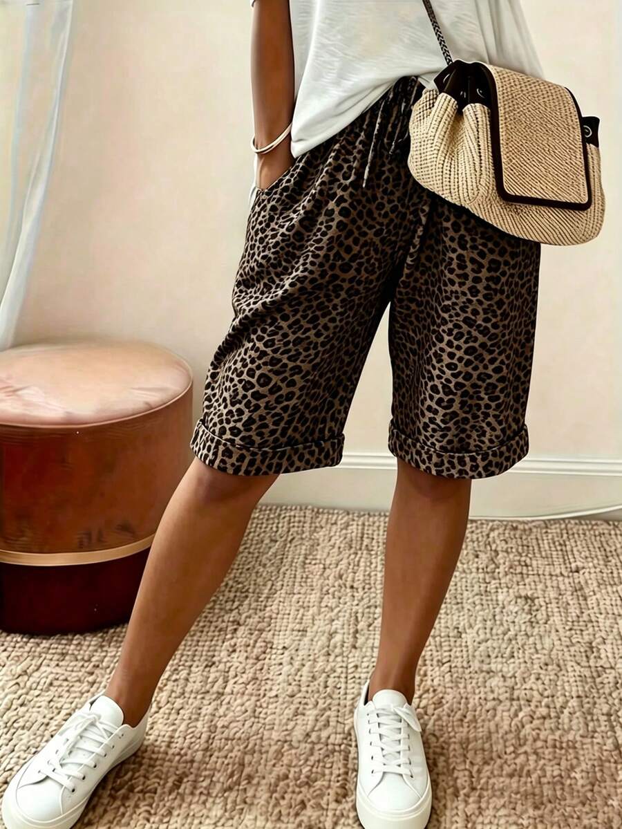 EMERY ROSE Shorts casuales de verano con estampado de leopardo - Marrón - Ver 1