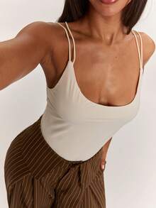SHEIN BAE Women's Solid Beige Casual Minimalist Basic Modest Halter Neck Backless Sexy Spaghetti Strap Bodysuit, Summer Everyday Homewear - White - View 4
