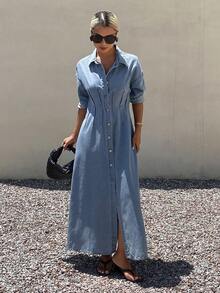 Livesso Summer Autumn Collared Long Sleeve Button-Up Waist-Cinching Light Blue Solid Color Women's Denim Dress Vacation - Blue - View 6
