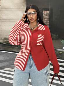 Mawevolt Plus Size Long Sleeve Casual Commute Striped Classic Romantic Versatile Fashion Shirt Fall - Red - View 1