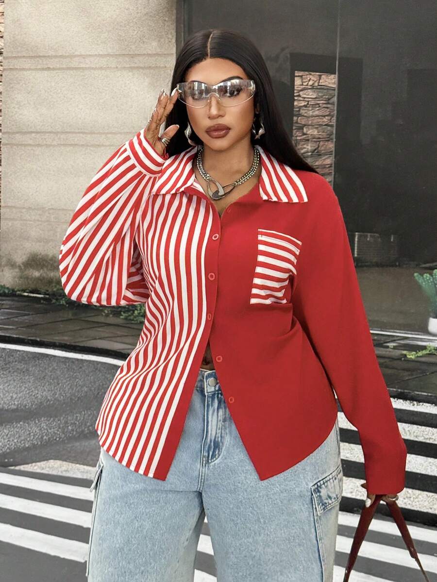 Mawevolt Plus Size Long Sleeve Casual Commute Striped Classic Romantic Versatile Fashion Shirt Fall - Red - View 1