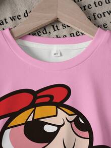 THE POWERPUFF GIRLS X SHEIN Conjunto informal de camiseta de manga corta con estampado de dibujos animados y pantalones cortos para niña joven - Blanco - Ver 3