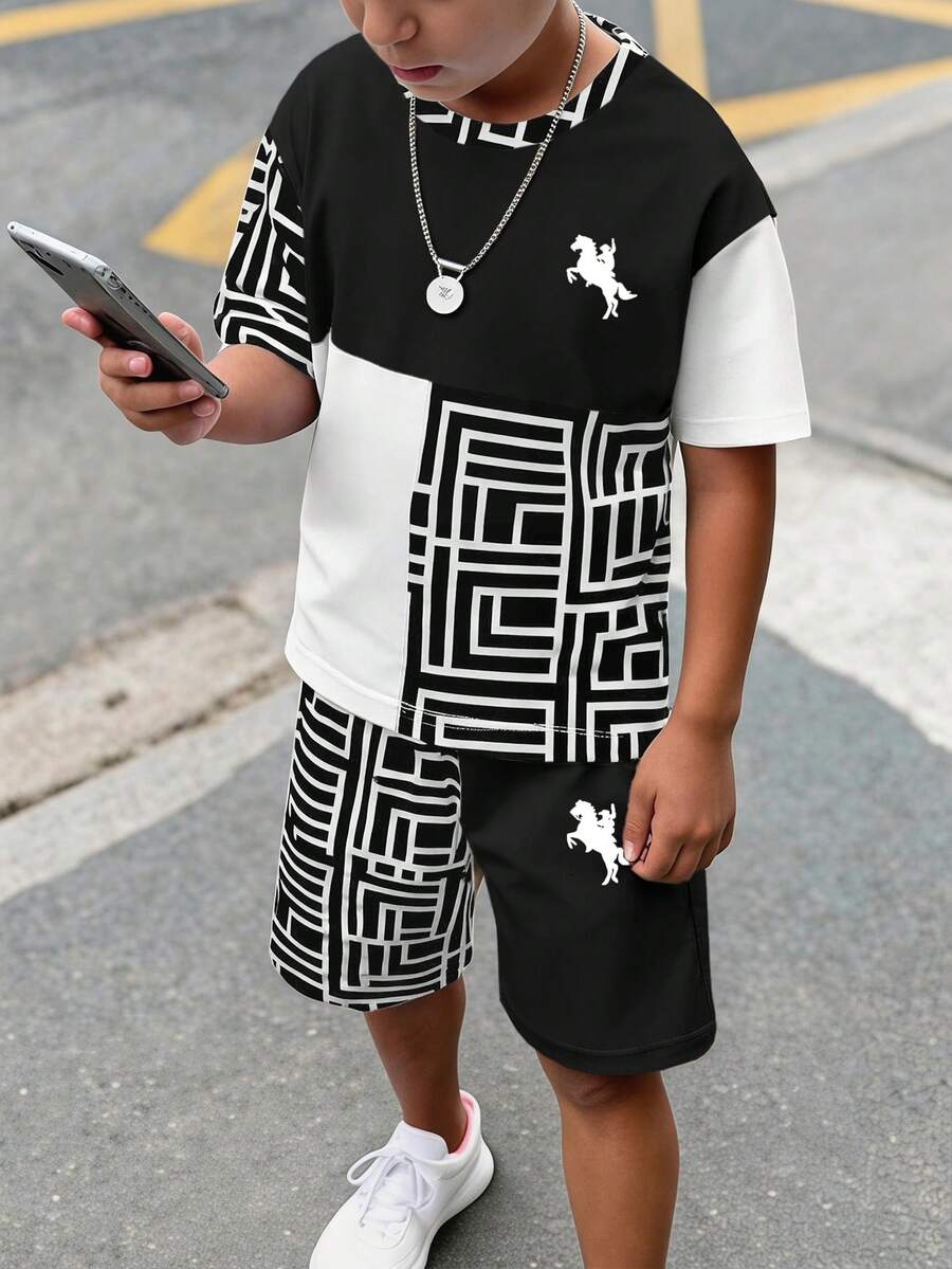兒童青少年男孩休閒舒適時尚簡約圓領短袖T恤與短褲套裝,拼接設計度假風黑白配色夏季套裝 - 白色 - 查看 1