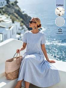 SHEIN Holidaya Women's Cotton Blue And White Stripe Round Neck Loose A-Line Casual Beach Mother Of The Groom Office Vacation Summer Holiday Bohemian Long Dress - Blue - View 6