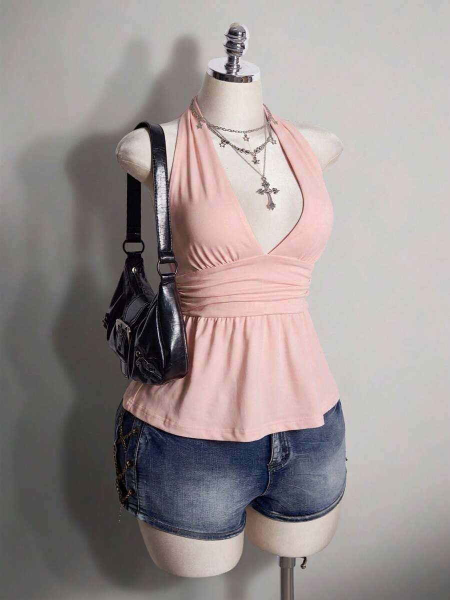 SHEIN ICON 大尺碼掛脖深V領收腰A字露背波點背心,復古Y2K掛脖波點背心,娃娃裝波點掛脖露背上衣 - 粉色 - 查看 1