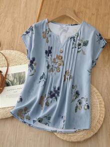 Rusticease Women's Floral Print Button Design Notch V-Neck Blouse For Middle-Aged And Elderly - Dusty Blue - View 3