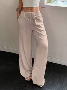 EMERY ROSE Pantalones casuales de mujer de unicolor con cintura elástica y cuerda decorativa, con bolsillos, talla grande, verano & otoño - Caqui - Ver 3