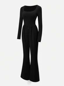 Nuvra Women's Elegant Solid Color Flared Jumpsuit For Commuting - Black - View 3