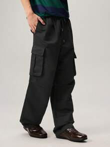 Men Flap Pocket Side Drawstring Waist Oversize Cargo Pants, Fall Wide Leg - Black - View 4
