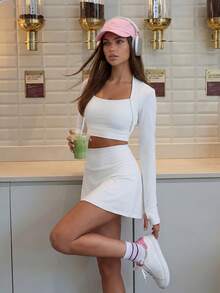 Eassivo Eassivo 简约休闲纯色女式运动套装：长袖上衣和裤子，适合日常穿着健身女士套装 - 白色 - 查看 2