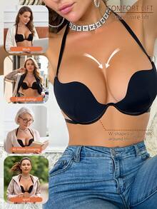 SHEIN 1pc Women Solid Color Backless Halter Neck Bra - Black - View 5