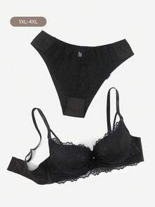Bralution Lace Push-Up Lift Comfortable Plus Size Lingerie Set - Black - View 8