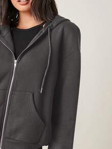 SHEIN BASICS 舒適抓絨落肩拉鍊連帽衛衣，秋冬長袖上衣 - 深灰色 - 查看 4