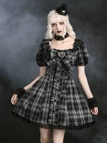 ROMWE Dark Gothic Black & Grey Plaid Bow Petal Sleeve Fitted A-Line Mini Dress - Multicolor - View 5
