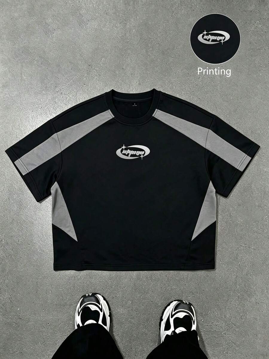 STYNVO Men's Round Neck Short Sleeve Color Block Letter Print T-Shirt - Multicolor - View 1