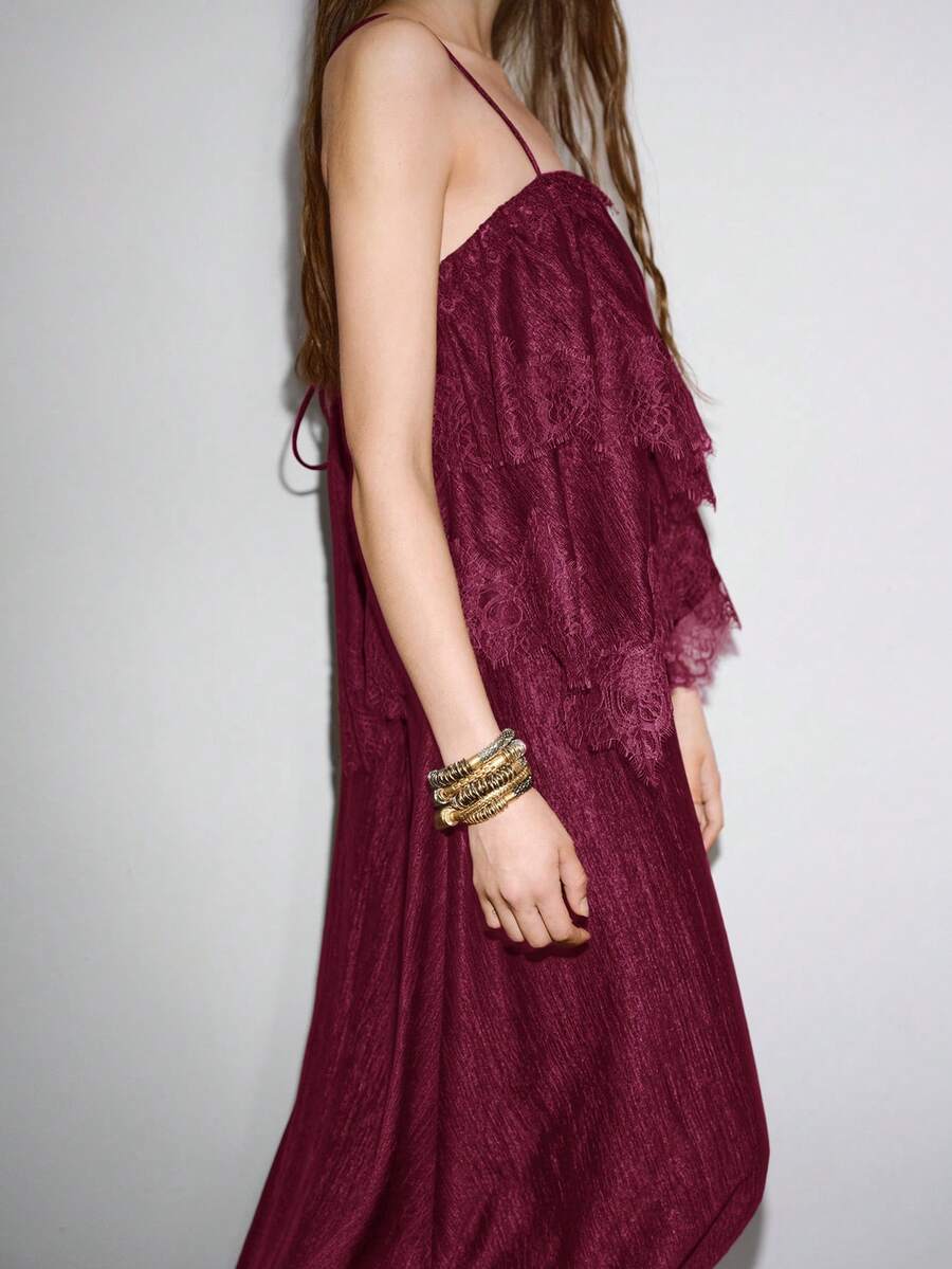 MOTF PREMIUM VACATION RUFFLE KNIT HOLLOW OUT FABRIC SPAGHETTI STRAP DRESS SPRING SUMMER - Burgundy - View 2