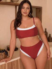 Swim Chiccia Plus Size 2 Pieces Women's Summer Colorblock Bikini Set, Minimalist Sexy Tropical Patchwork Design, High Waist Triangle Swim Bottoms, Beach All White - Red - View 6