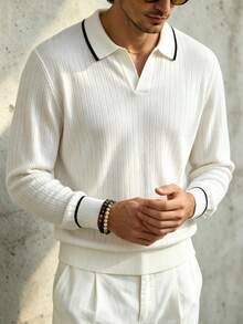 TONEVAULT Men's Autumn Casual Color Block Trim Sweater - White - View 3