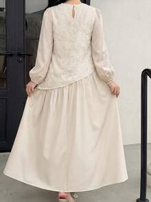 Feyla Plus Size Women's Jacquard Round Neck Pleated Casual Party Dress - Apricot - View 2