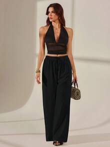 SHEIN Tall 2026女款春夏度假系列新款黑色100%純棉寬鬆抽繩長褲，適合居家休閒、外出、海灘旅行、時尚穿搭、日常穿著、通勤、度假休閒、浪漫場合及日常穿著 - 黑色 - View 8
