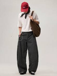 Men's Woven Casual Loose Straight Leg Solid Color Pants - Black - View 2
